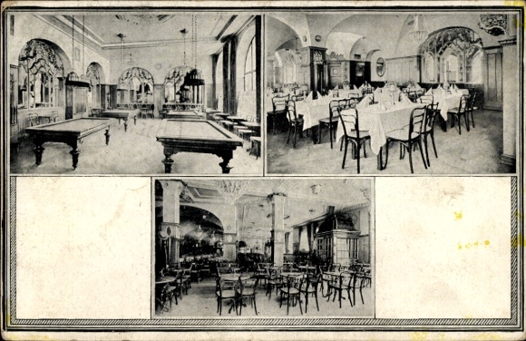 Postcard Munich Bavaria, Fahrig's Hotel Deutscher Hof, Café Fahrig, interior view, billiards