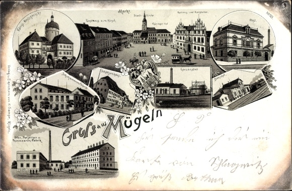 Chromo-Litho Mügeln in Saxony, post office, market, train station, gas station, district court, rifle club