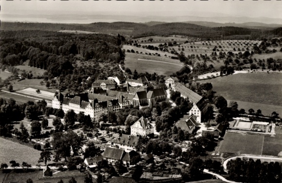 Postcard Salem in the Bodenseekreis Baden, aerial view of the monastery complex, surrounding landscape, Lake Constance