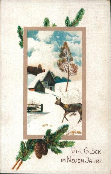 Ak Glückwunsch Neujahr, Reh, Tannenzweige