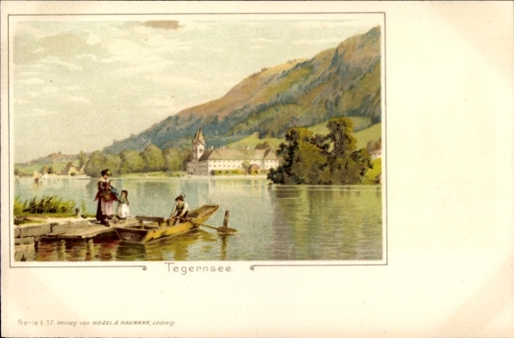 Postcard Tegernsee in Upper Bavaria, landscape with people in boats, mountain scenery, lake