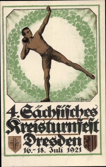 KP artystyczna W. Pech, Drezno, 4. Saxon. Kreisturnfest 1921, Festsportkarte nr 1, Kulomiot