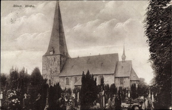 Ansichtkaart Sörup Sleeswijk-Holstein, uitzicht op de kerk, begraafplaatsgedeelte