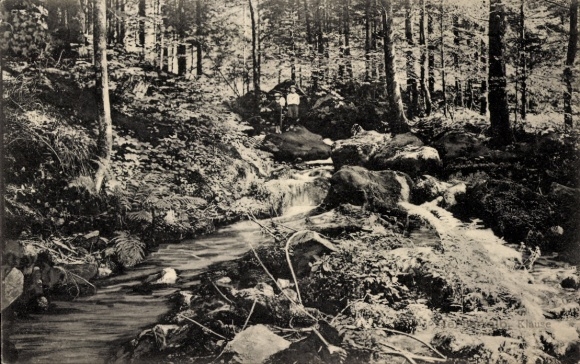 Ak Klause Meschede in het Sauerland, natuurfoto, rivier, bos, mensen, zwart-wit