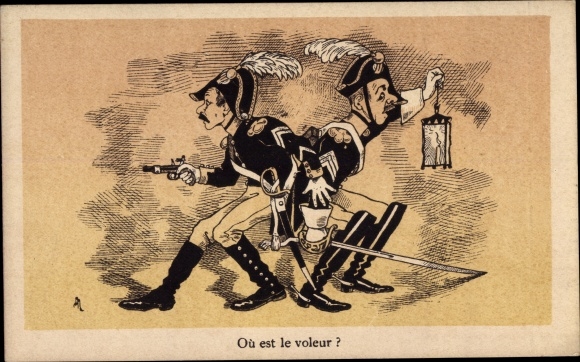 Artist Postcard Ou est le voleur, Two soldiers with pistol and sword, Tailleur Moderne, Perigueux