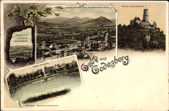 Chromo-Litho Bad Godesberg Bonn am Rhein, ruins, spa gardens, Siebengebirge