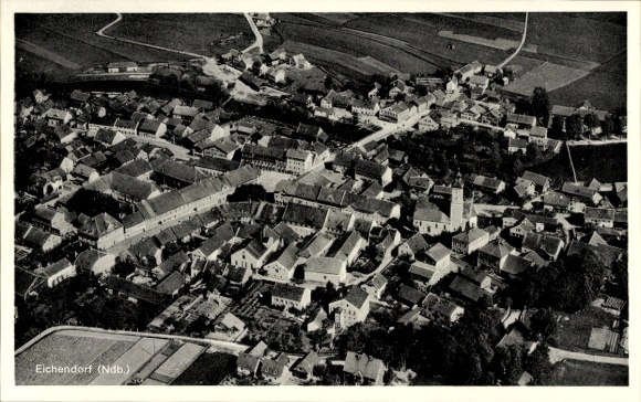 Postcard Eichendorf in Lower Bavaria, aerial photograph of buildings and streets, black and white image