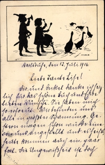 Paper cut artist Postcard Carus, children with musical instruments, geese