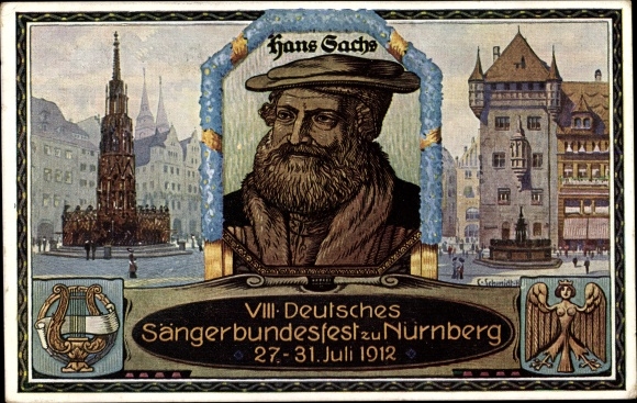 Postal stationery artist PC Schmidt, C., Nuremberg, 8th German National Singers Festival 1912, portrait of Hans Sachs