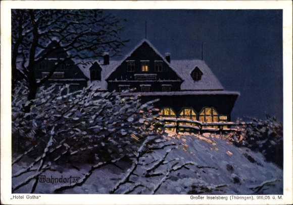 Kunstenaarskaart Bahndorf, Heribert, Brotterode Thüringen, Großer Inselsberg, Hotel Gotha, nacht, winter