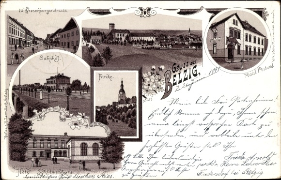 litho Bad Belzig in Brandenburg, postkantoor, lang zicht, treinstation, kerk, hotel, Wiesenburger Straße