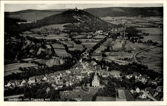 Postcard Sandbach Breuberg in the Odenwald Hesse, aerial view surrounded by fields and mountains