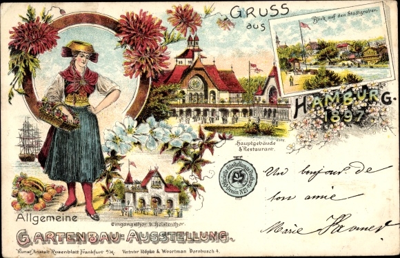 Chromo-Litho Hamburg Mitte Altstadt, General Horticultural Exhibition 1897, Main Building, Vierländerin