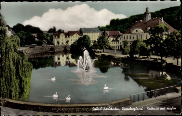 Postcard Bad Karlshafen on the Weser, town hall with harbor