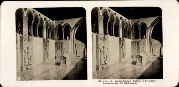 Stereo photo Zurich city Switzerland, state museum, gallery in the cloister, gravestones