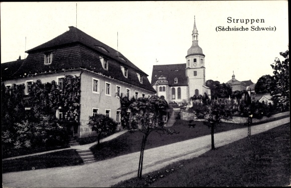 Ak Struppen in Saksisch Zwitserland, straatgebied, kerk