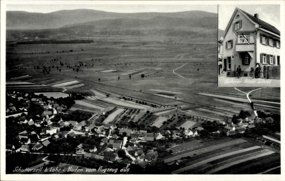 Postcard Vogtsburg im Kaiserstuhl Baden, landscape photo of Schutterzell, bakery Friede Zibold