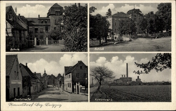Postcard Ramsdorf Regis Breitingen in Saxony, school, castle, village street, coal works