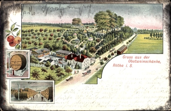 Ak Rötha in Sachsen, Obstweinschänke, Landschaft, Bäume, Pferdewagen, 