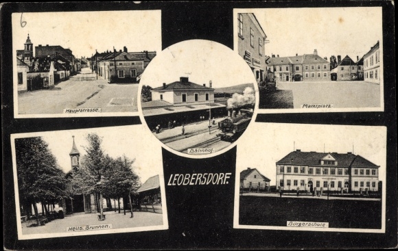 Postcard Leobersdorf Lower Austria, train station, platform side, public school, fountain, main street, market square