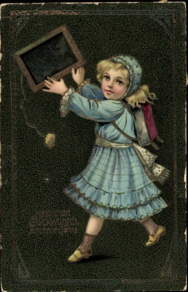 Embossed Chromo-Litho Congratulations on starting school, girl with slate and school bag