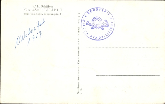 Postcard CH Schäfers Circus Stadt Liliput, Munich Solln, Memlingstraße 11, pony, group photo