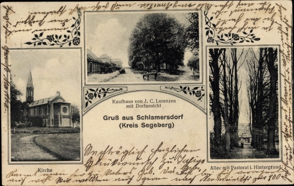 Postcard Schlamersdorf Seedorf in Schleswig Holstein, department store JC Lorenzen, church, pastorate