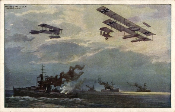 Artist Postcard Schulze, Hans Rudolf, Seaplanes over the English Fleet, World War I