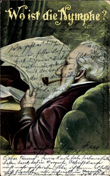Vexier Postcard Where is the nymph, man with newspaper and pipe