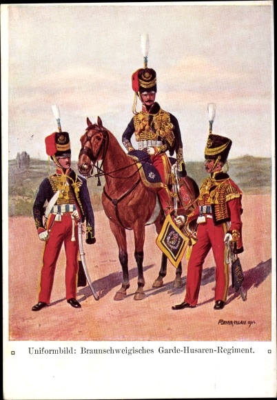 Kunstenaarskaart Beyer-Pegau, uniformfoto, Braunschweig Guard Hussars Regiment