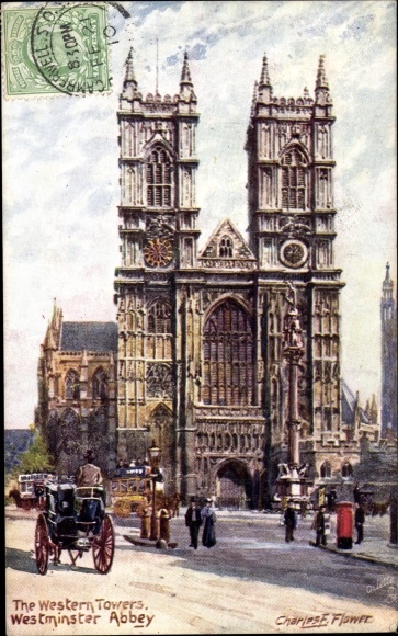 Artist Postcard Flower, Charles, London City, Westminster Abbey, Western Towers