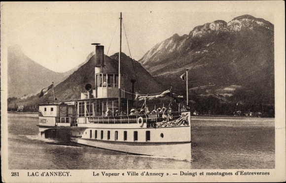 Postcard Duingt Haute Savoie, Annecy Lake, Annecy steam town, Entrevernes mountains