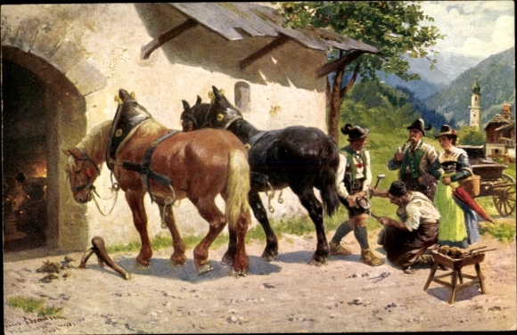 Artist Postcard Braun, L., Hammerschmiede, Farrier shoes two draft horses