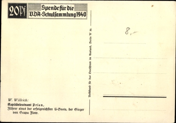 Artist Postcard Willrich, Wolfgang, Lieutenant Commander Günther Prien, Knight's Cross recipient, VDA 1940