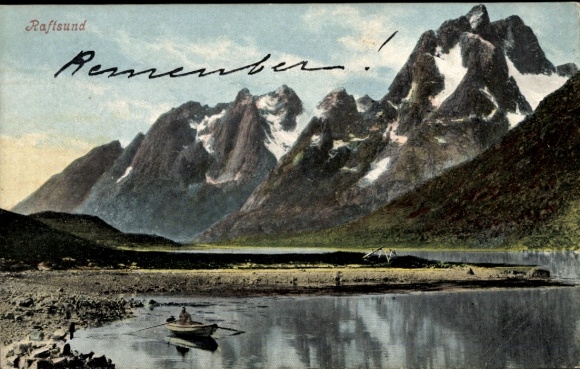 KP Raftsund Norwegia, krajobraz górski, jezioro, łódź, tekst: Pamiętaj!