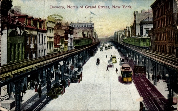 Postcard New York City USA, Bowery, North of Grand Street, street view, vehicles