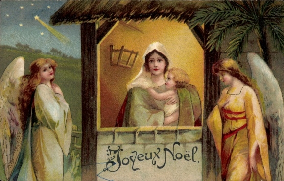 Litho Frohe Weihnachten, Krippenszene, Engel