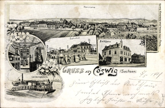 Chromo-Litho Coswig in Saxony, general view, train station, town hall, landing stage