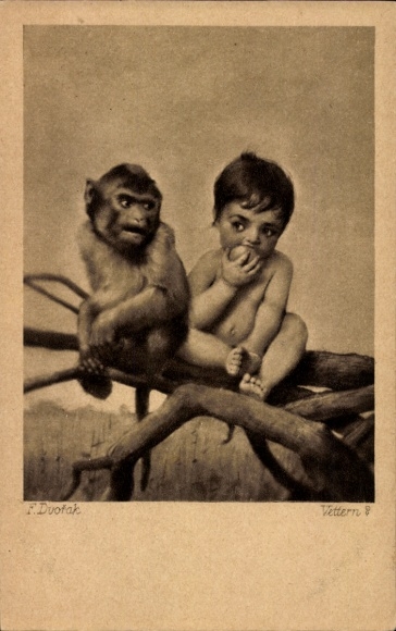 Artist Postcard Dvorak, F., Cousins, Child, Monkey