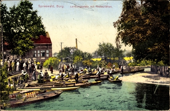 Postcard Burg Spreewald, landing place with restaurant