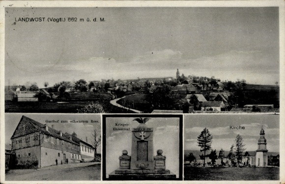 Postcard Landwüst Markneukirchen in Vogtland, Gasthof zum Schwarzen Ross, war memorial