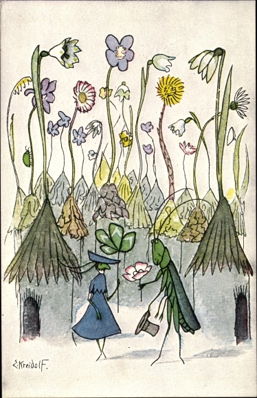 Artist PC Kreidolf, Ernst, grasshopper couple, well-wisher, art warden picture card No. 205