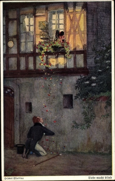 Artist PC Skarbina, Helmut, love makes you blind, woman kneels in front of the window