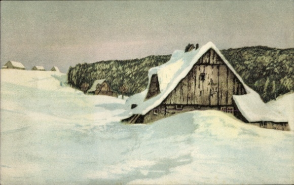 Artist Postcard Iwan, Friedrich, Giant Mountains, Evening light on the border huts, Winter