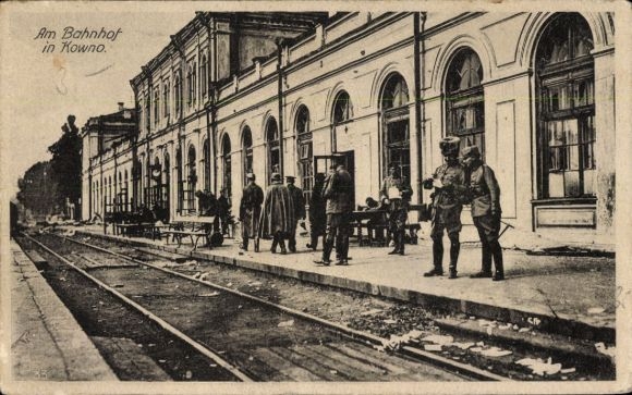 PC Kaunas Kovno Kauen Lithuania, at the train station, soldiers, WWI