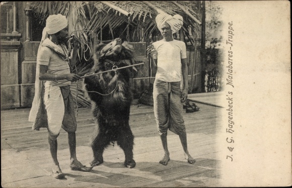 PC J. &amp; G. Hagenbeck&#39;s Malabares troupe, Indian with dancing bear