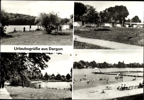 Postcard Dargun in Mecklenburg, Klostersee, bungalow settlement, promenade, lido
