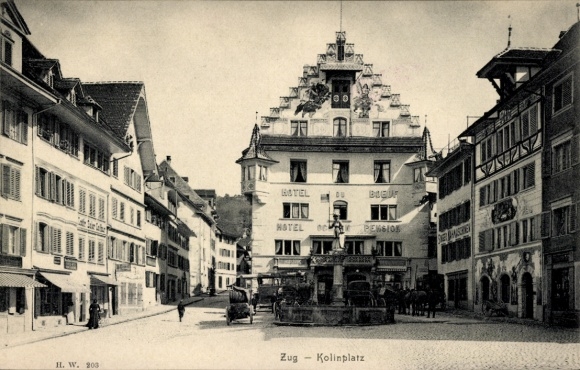 KP Zug, Jezioro Zug, Hotel Du Bleuf, Kolinplatz, architektura historyczna, widok na ulicę