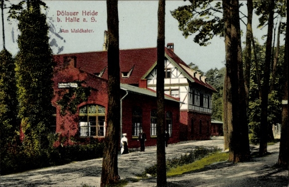 Postcard Dölauer Heide Halle an der Saale, color photo of a building, forest view, people on the path