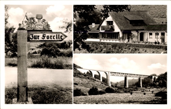 Ak Ramsen in der Rheinpfalz, Wegweiser zum Gasthof Forelle, Brücke